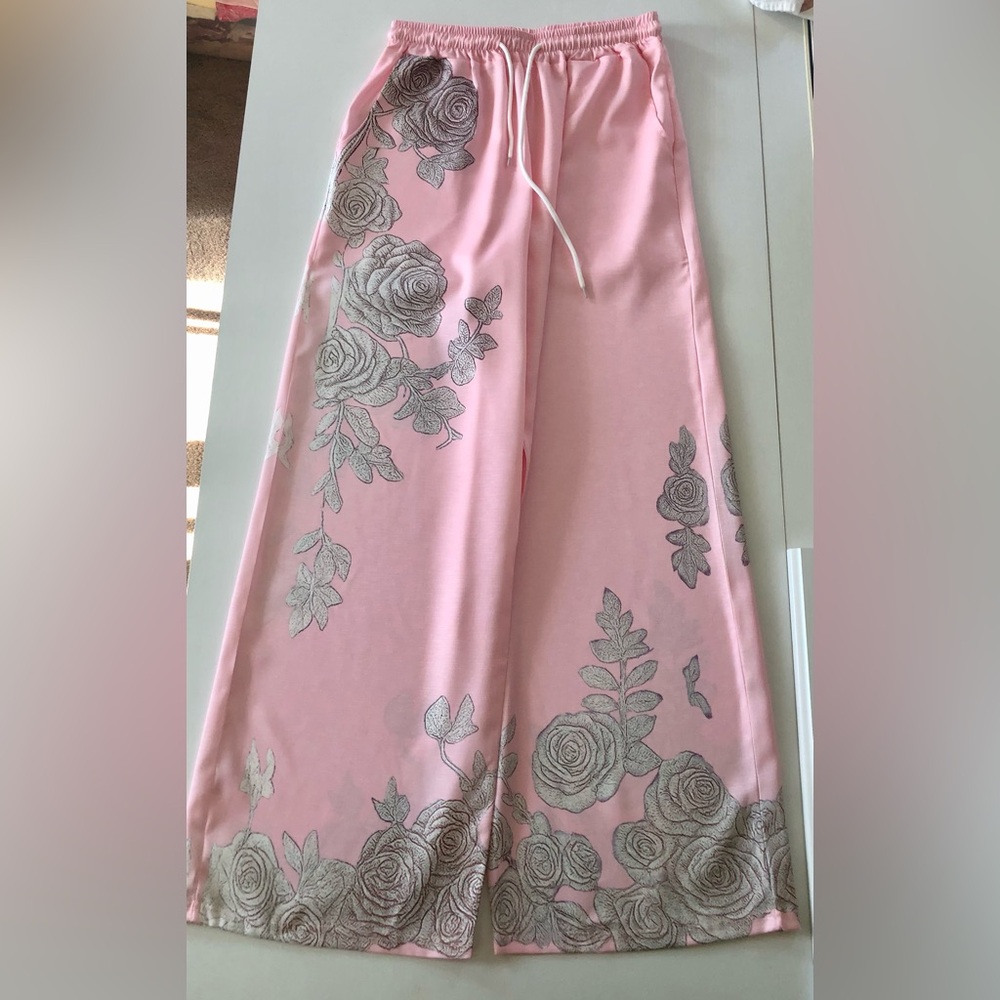 Boston Proper Wide leg, elastic high waist Pant Linen look floral, print poly S